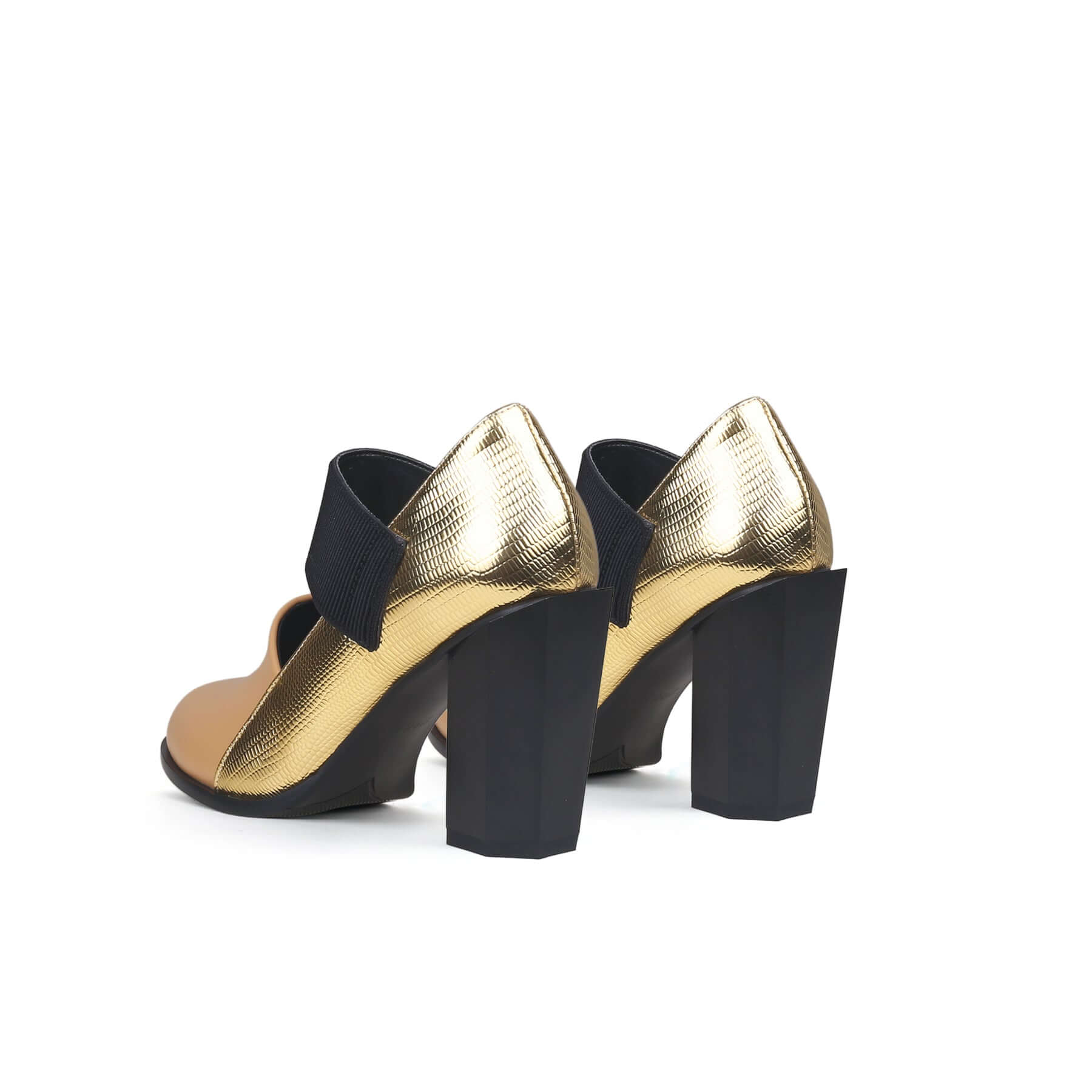 Gold Tone Apricot Block Heel Pumps-4