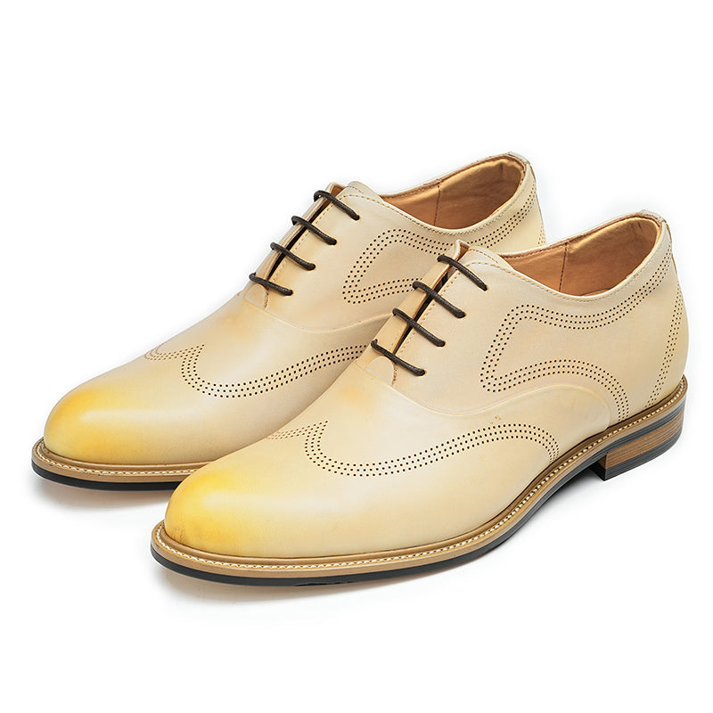 Hand-Finished Beige Calfskin Wingtip Oxford Shoes for Men-2