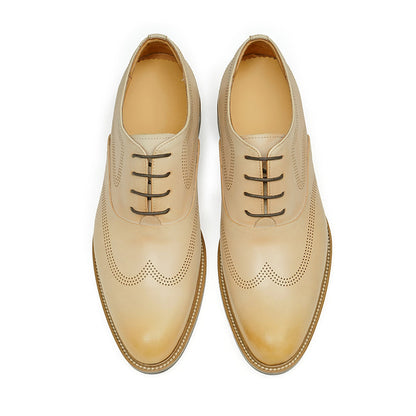 Hand-Finished Beige Calfskin Wingtip Oxford Shoes for Men-3