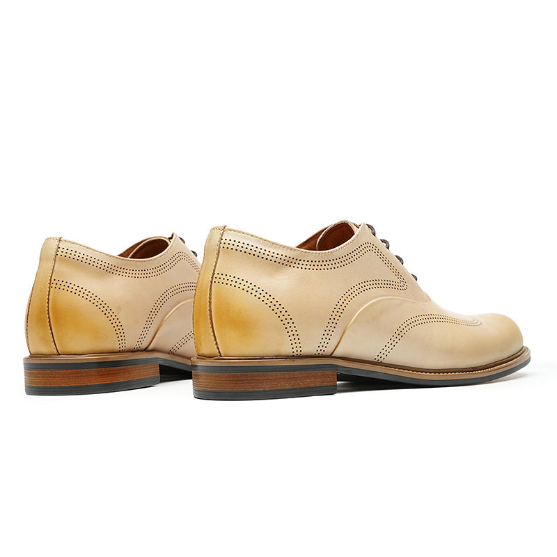 Hand-Finished Beige Calfskin Wingtip Oxford Shoes for Men-4