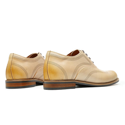 Hand-Finished Beige Calfskin Wingtip Oxford Shoes for Men-4