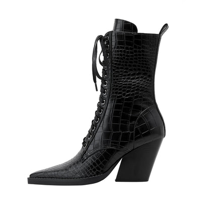 Lace Up Snakeskin Pointed Toe Ankle Boots-0