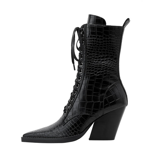 Lace Up Snakeskin Pointed Toe Ankle Boots-0