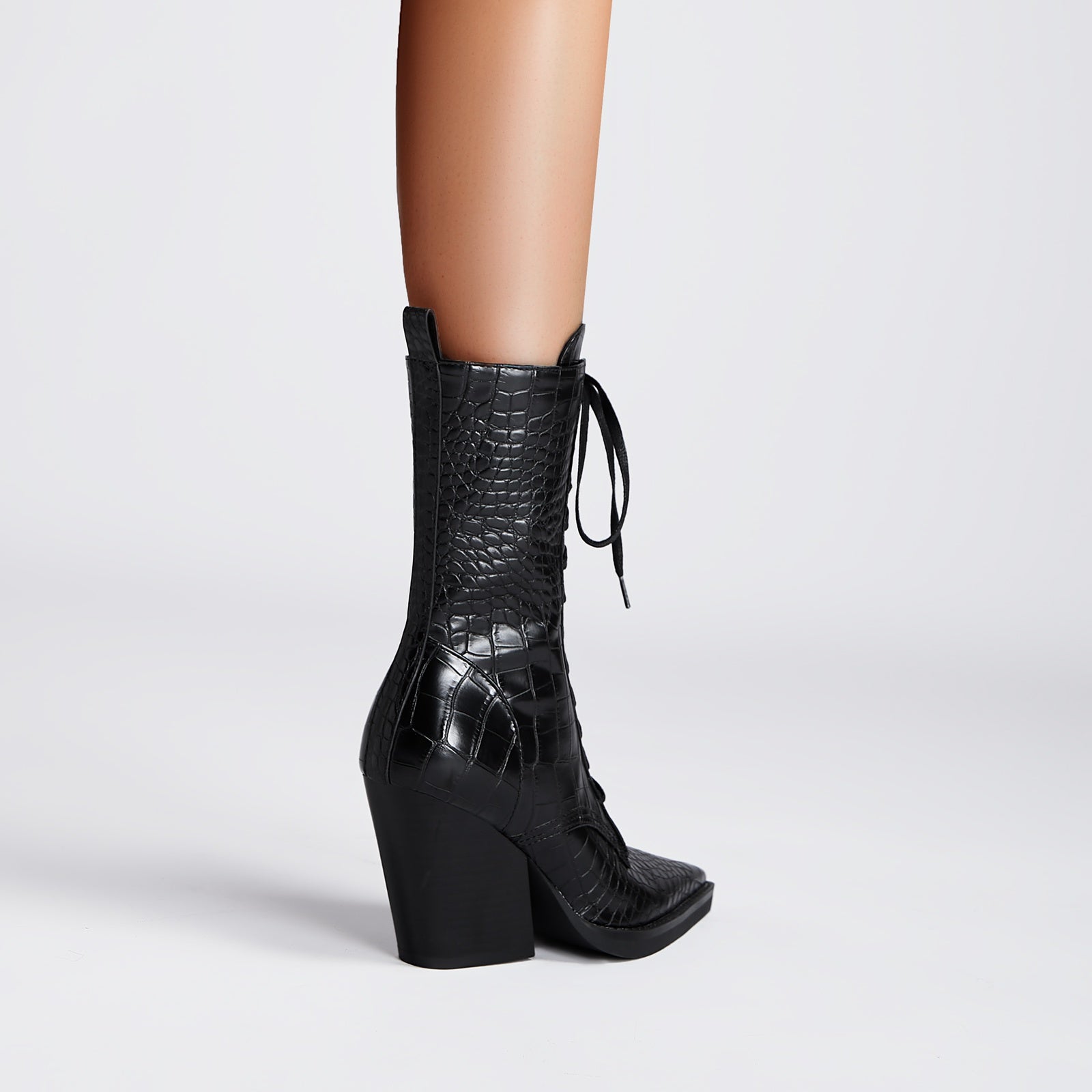 Lace Up Snakeskin Pointed Toe Ankle Boots-1