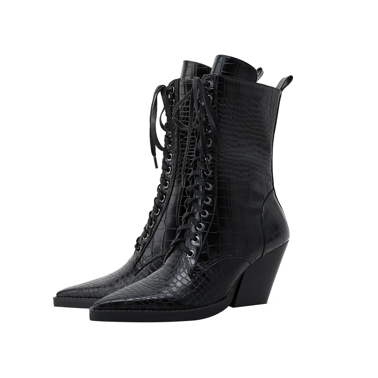 Lace Up Snakeskin Pointed Toe Ankle Boots-3