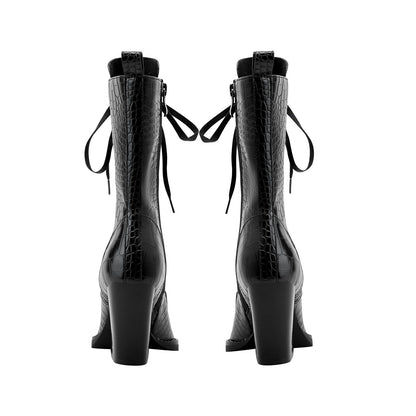 Lace Up Snakeskin Pointed Toe Ankle Boots-4