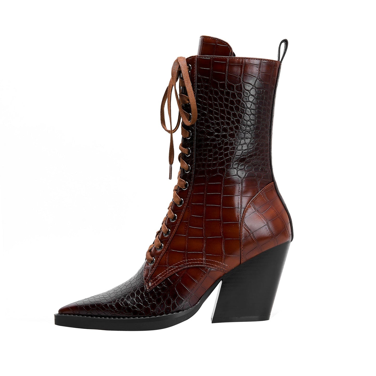 Lace Up Snakeskin Pointed Toe Ankle Boots-5