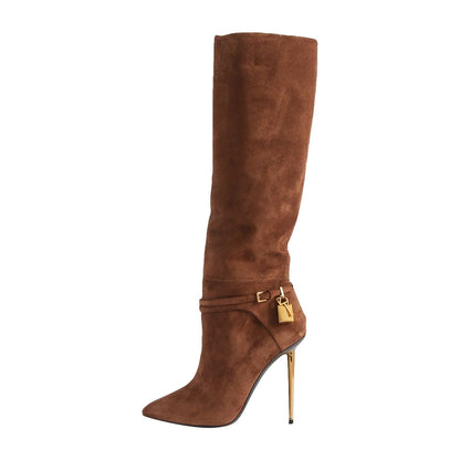 Lavish Brown Suede Pointed Toe Knee High Boots-1