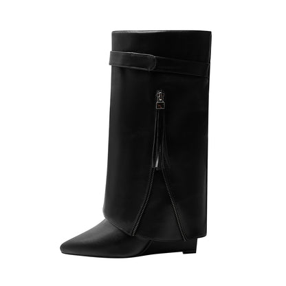 Leather Foldover Slouchy Knee High Boots-1