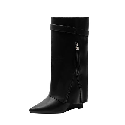 Leather Foldover Slouchy Knee High Boots-2