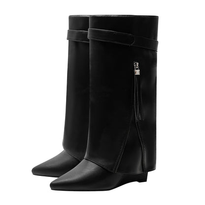 Leather Foldover Slouchy Knee High Boots-3