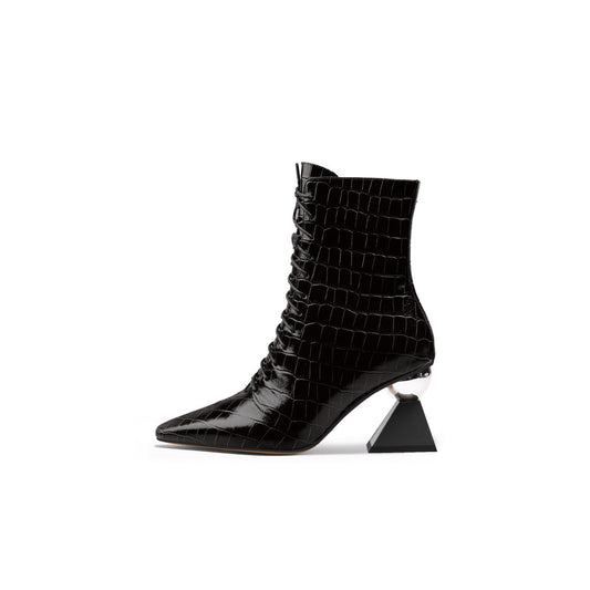 Textured Leather Lace Up Ankle Boots with Glass Heels-0