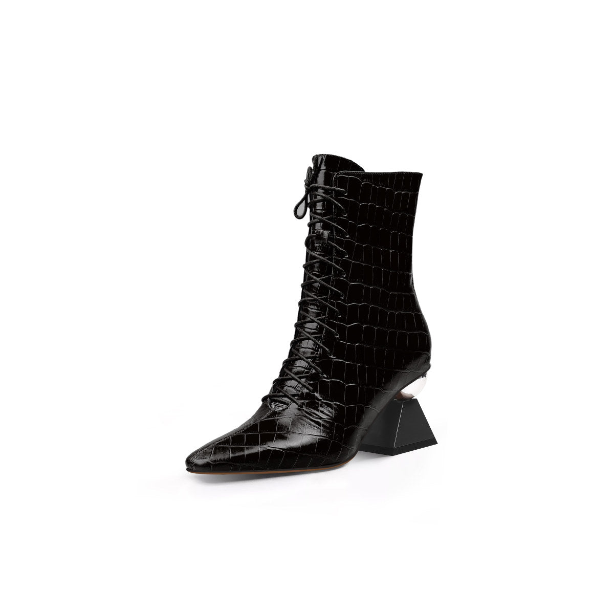 Textured Leather Lace Up Ankle Boots with Glass Heels-1