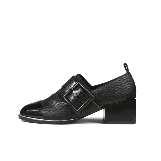 Leather Loafers with Mid-Length Block Heel Pumps-0
