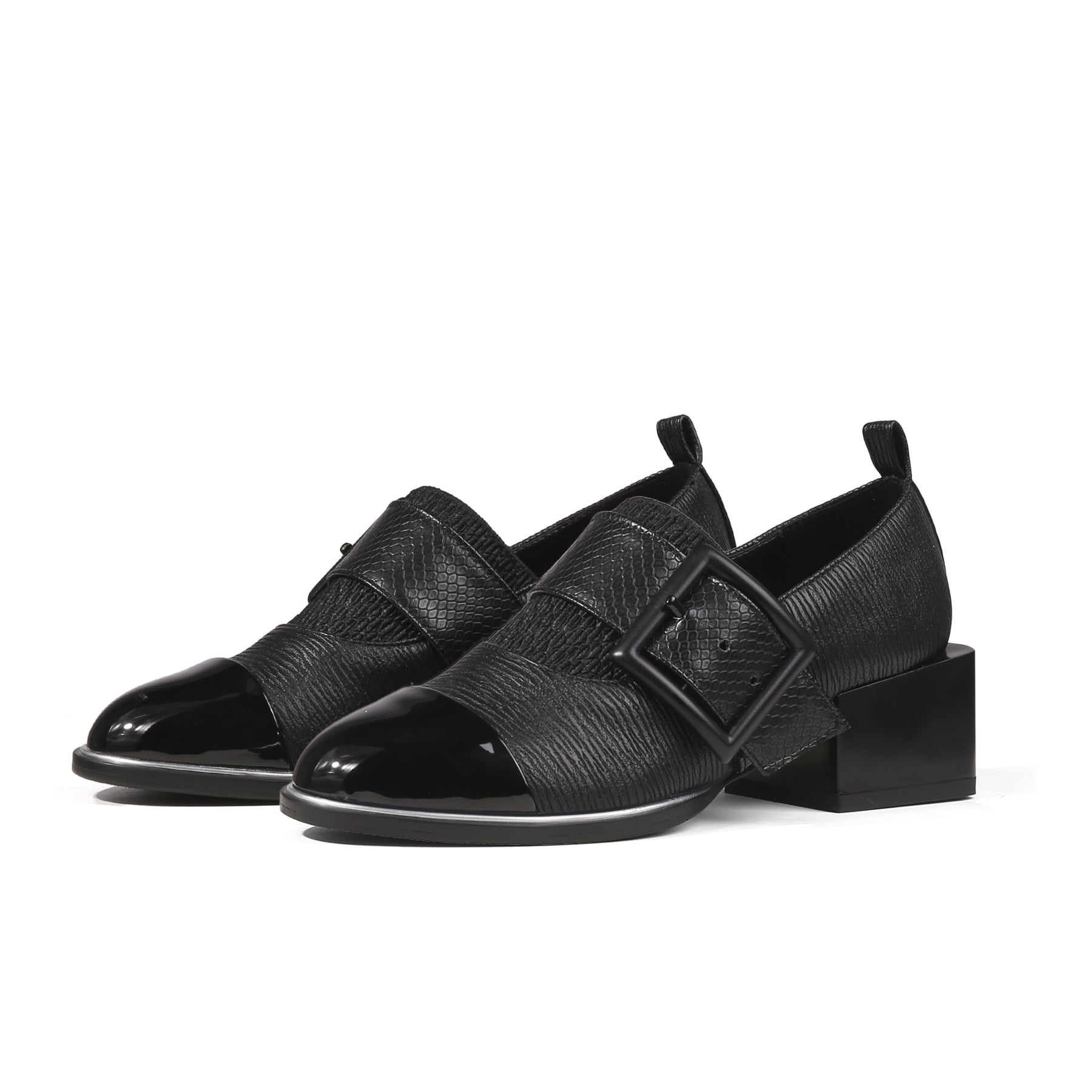 Leather Loafers with Mid-Length Block Heel Pumps-2