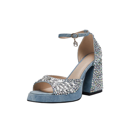 Light Blue Gem Encrusted Peep Toe Ankle Strap Sandals-4