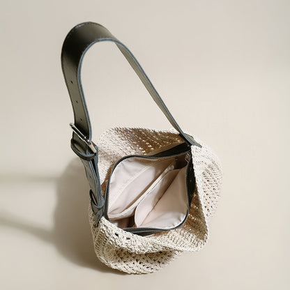 Medium White Beach Tote Bag with Blue Leather Straps