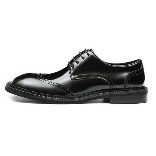 Men's Glossy Calfskin Classic Brogue Lace Up Derby Shoes-0