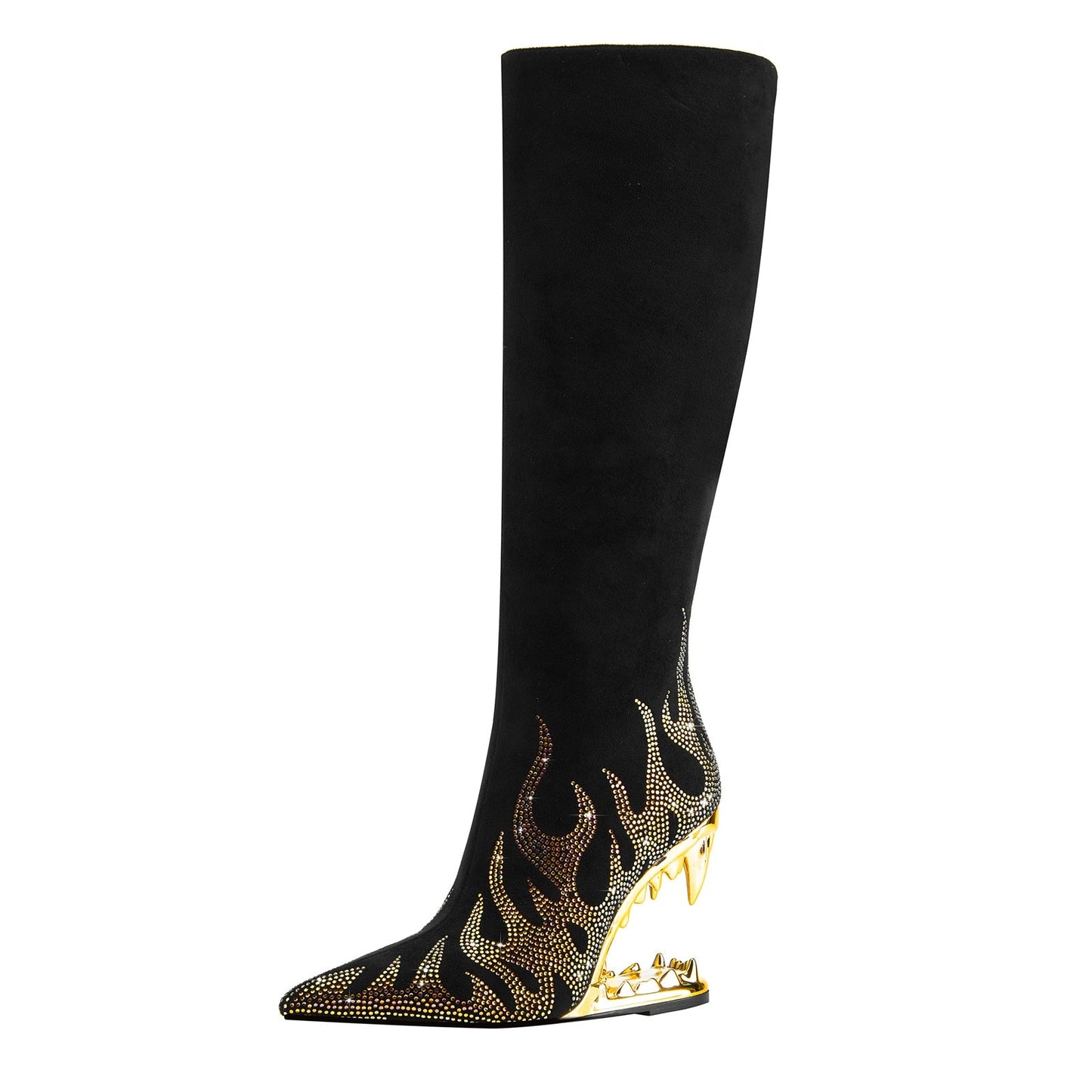 Metallic Flames Bite Heel Black Knee High Boots-2