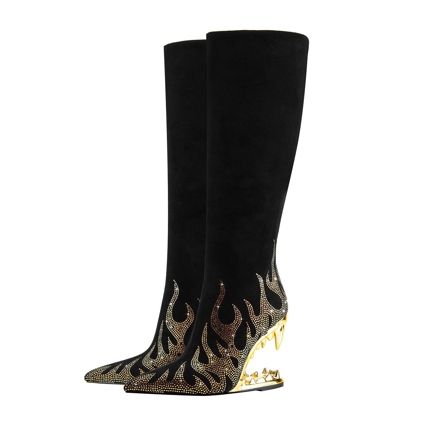Metallic Flames Bite Heel Black Knee High Boots-3