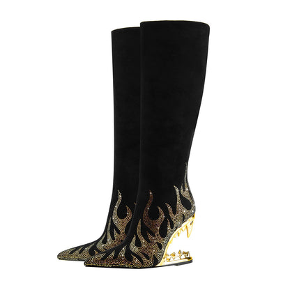 Metallic Flames Bite Heel Black Knee High Boots-3