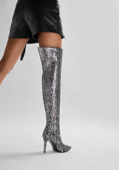 Mysterious Black Python Stiletto Knee High Boots-3