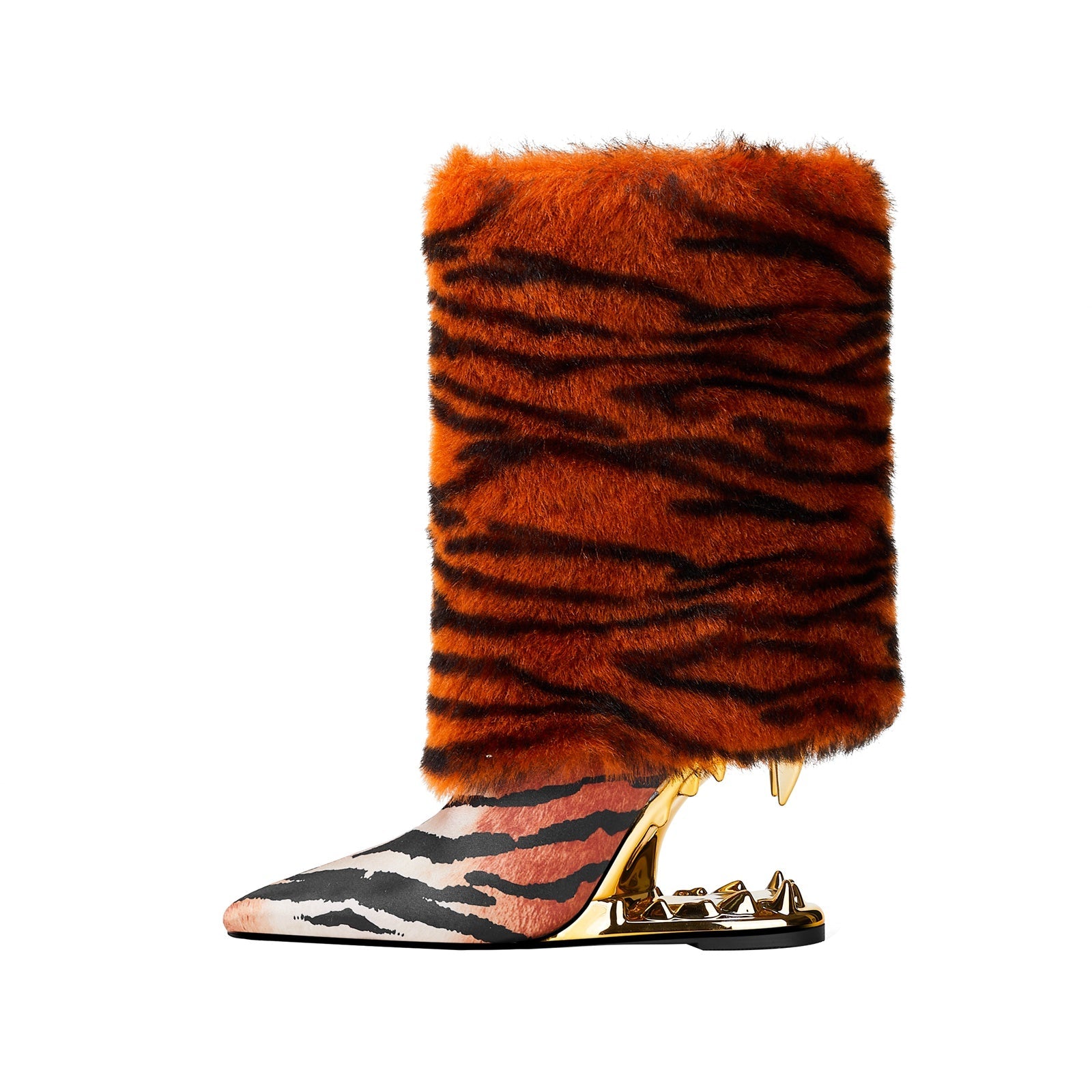 Orange Tiger Fur Wrap Bite Heel Ankle Boots-0