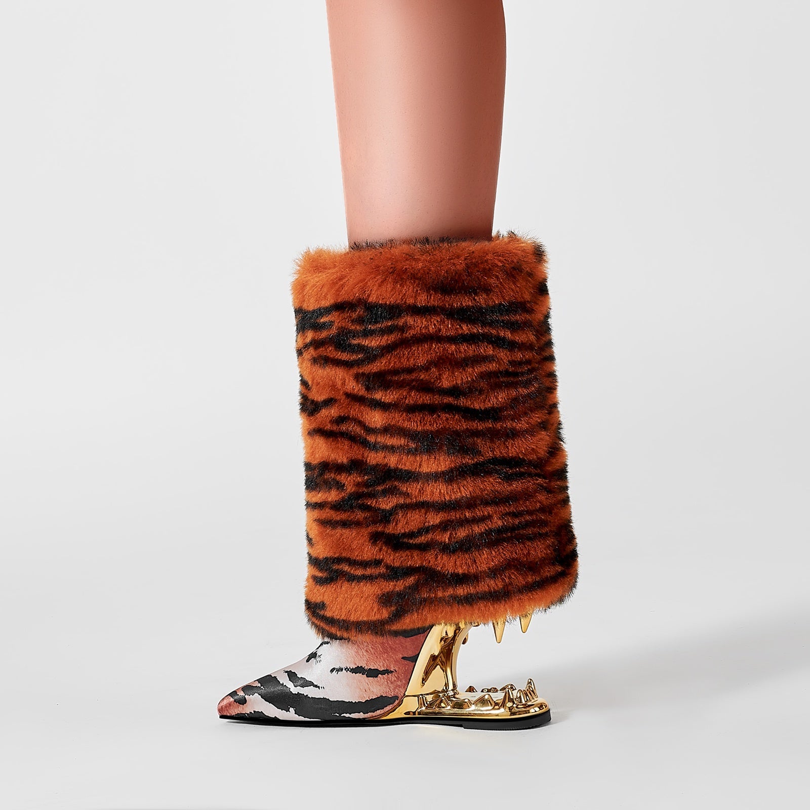 Orange Tiger Fur Wrap Bite Heel Ankle Boots-2