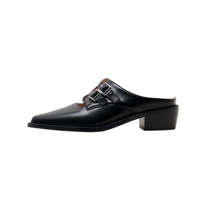 Pointed Leather Mules with Buckles-0
