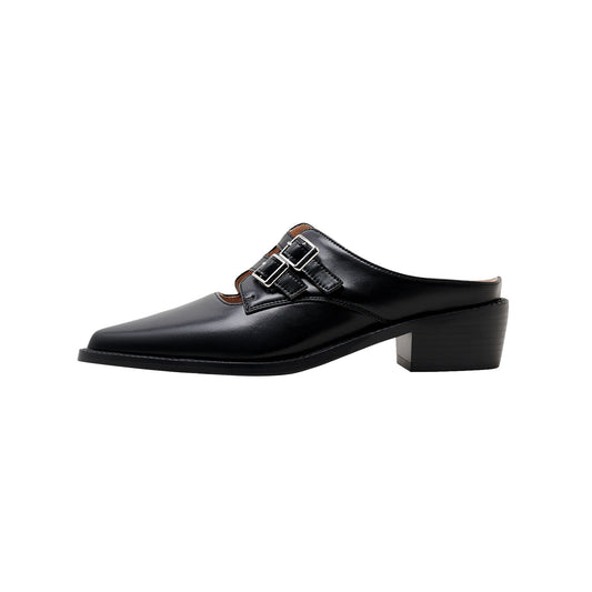 Pointed Leather Mules with Buckles-0