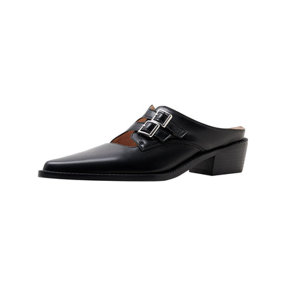 Pointed Leather Mules with Buckles-1