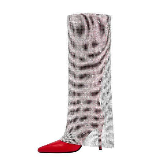 Red Knee High Boots with Silver Glittery Panel-0