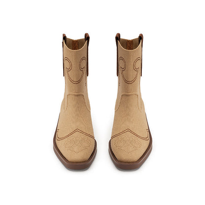 Retro Mid Calf Pointed Toe Flat Cowboy Boots-4