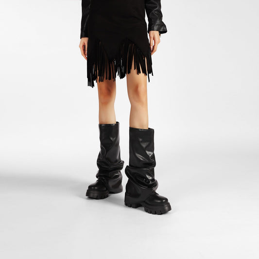Ruched Leather Round Toe Boots-0