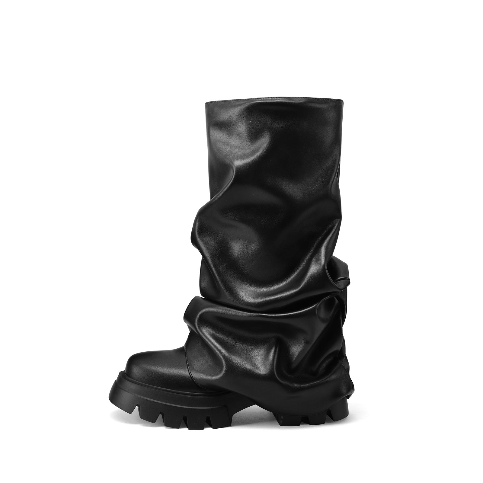 Ruched Leather Round Toe Boots-3