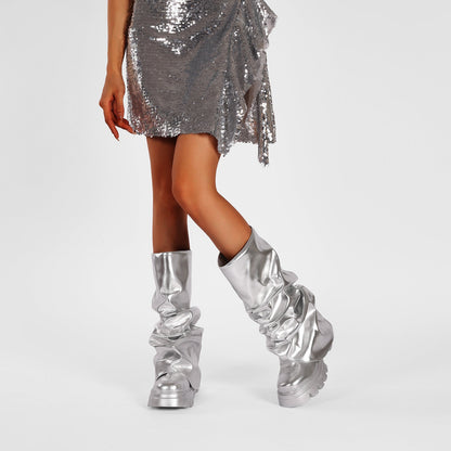 Ruched Leather Round Toe Boots-7
