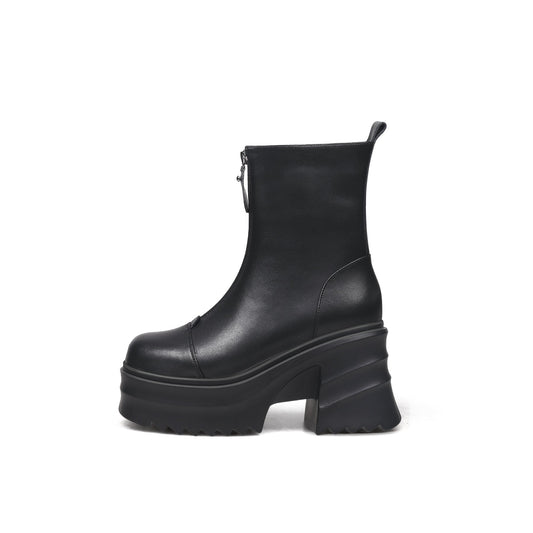 Side Zip Black Leather Platform Ankle Boots-0