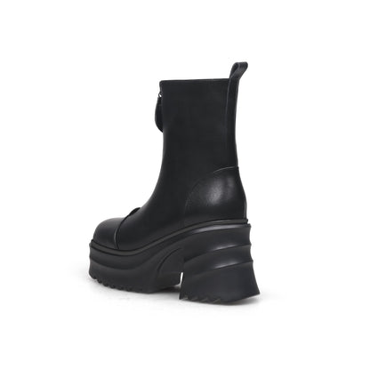 Side Zip Black Leather Platform Ankle Boots-2