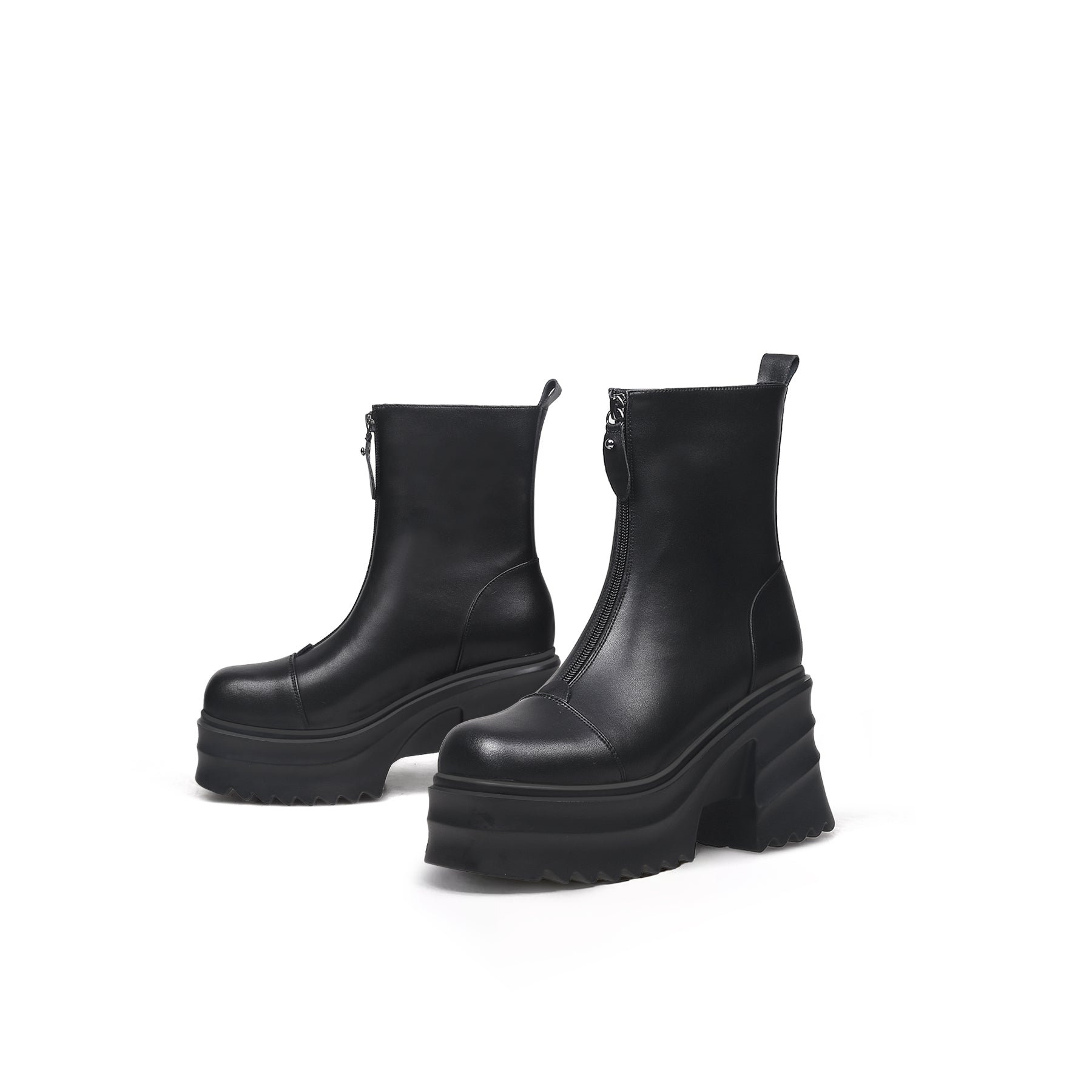 Side Zip Black Leather Platform Ankle Boots-4