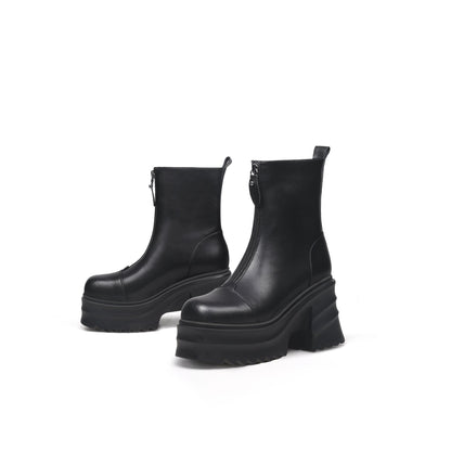 Side Zip Black Leather Platform Ankle Boots-4