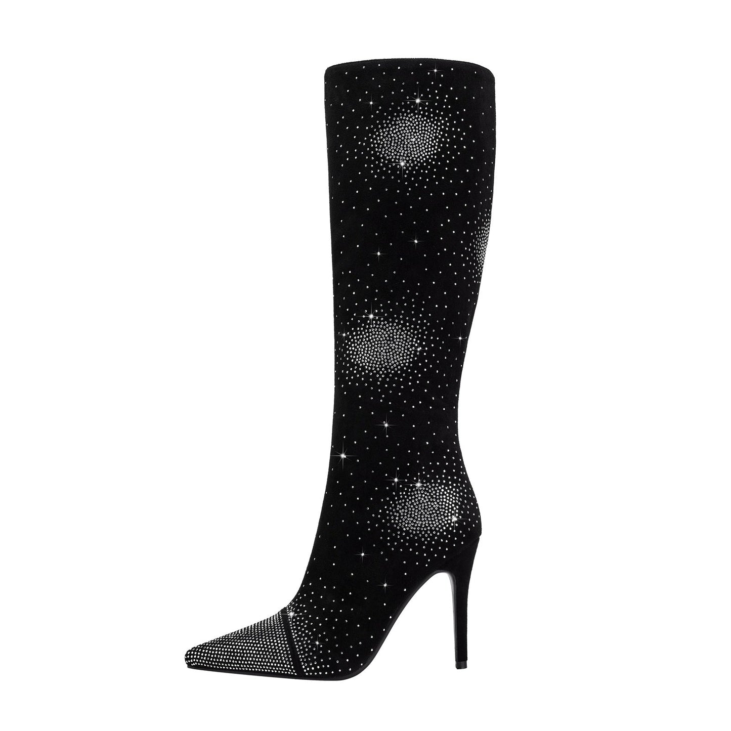 Silver Crystal Burst Black Pointed Knee High Boots-0