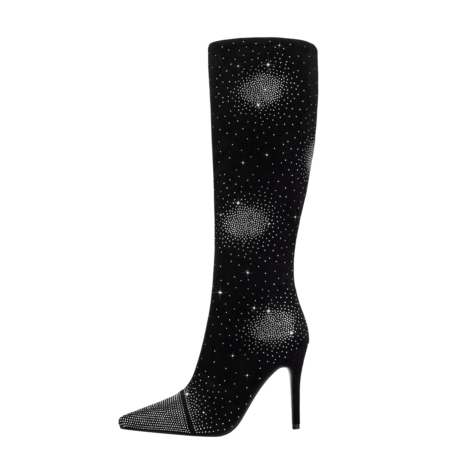 Silver Crystal Burst Black Pointed Knee High Boots-0