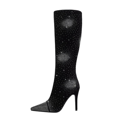 Silver Crystal Burst Black Pointed Knee High Boots-0