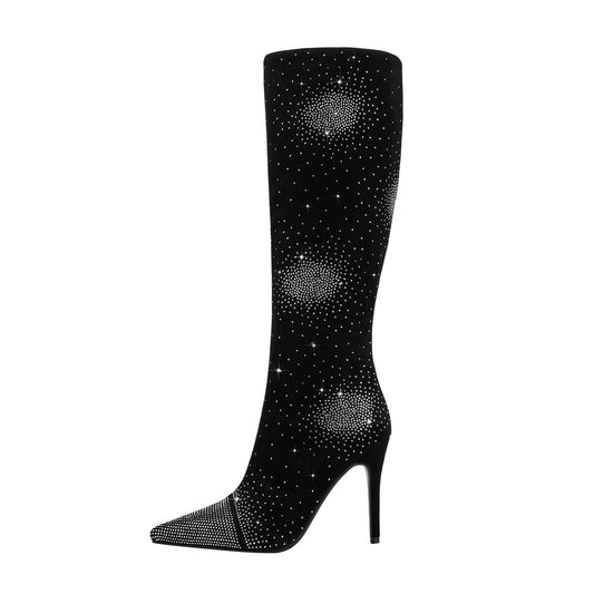 Silver Crystal Burst Black Pointed Knee High Boots-0
