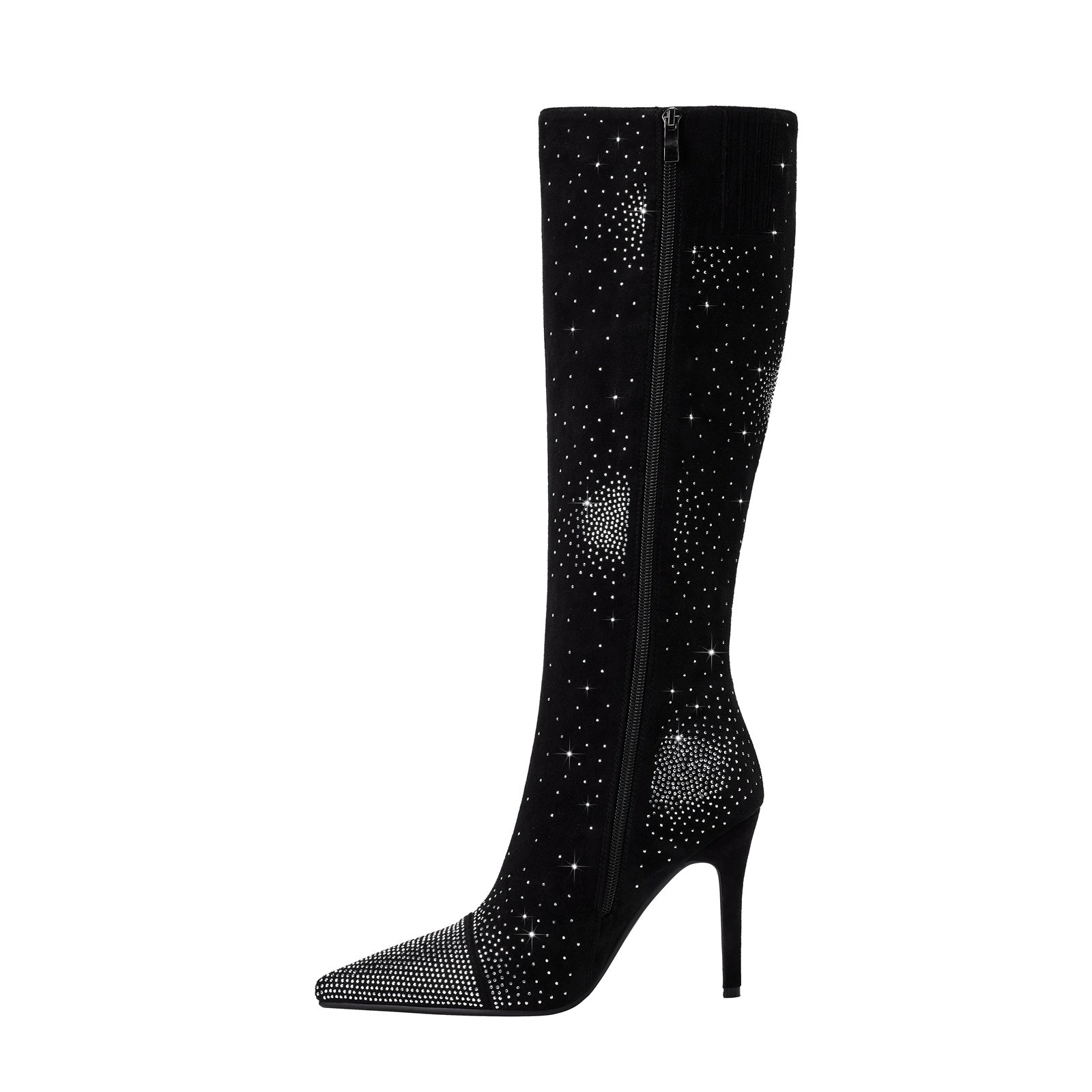 Silver Crystal Burst Black Pointed Knee High Boots-2