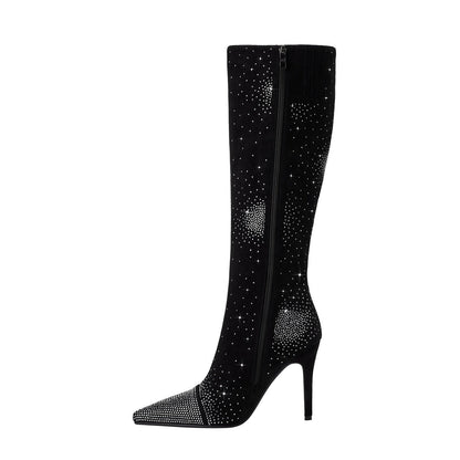 Silver Crystal Burst Black Pointed Knee High Boots-2