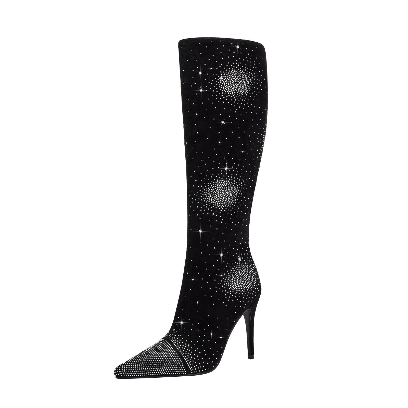 Silver Crystal Burst Black Pointed Knee High Boots-3