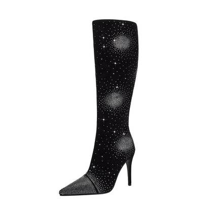 Silver Crystal Burst Black Pointed Knee High Boots-3