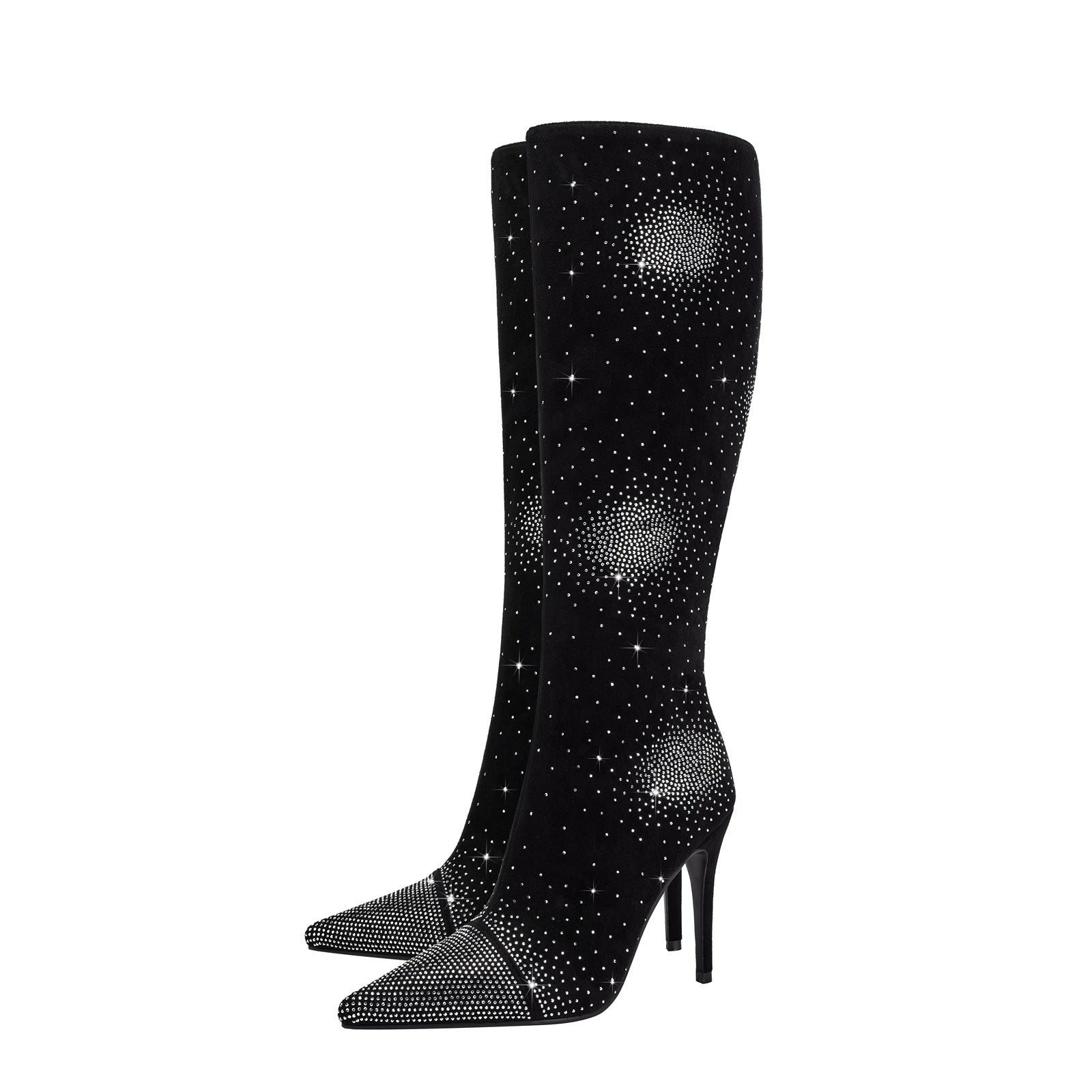 Silver Crystal Burst Black Pointed Knee High Boots-4