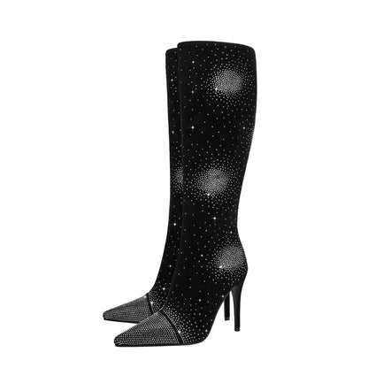 Silver Crystal Burst Black Pointed Knee High Boots-4